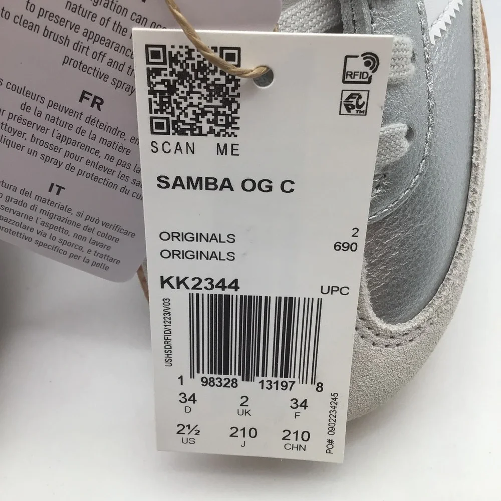 Adidas Samba OG C Kids Shoes Metallic Silver White Gum KK2344 Size 2.5 US NEW